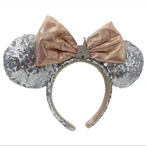 Disney Parks Rhinestone Castle Silver Sequin Ears with Gold Bow Headband